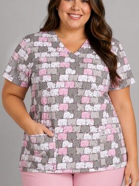 NWT Women’s XXL Cats Puzzle  Print Scrubfinity PerformX Stretch Scrub Top